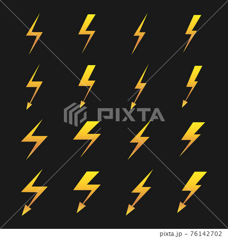 Set of yellow lightnings isolated over black 76142702