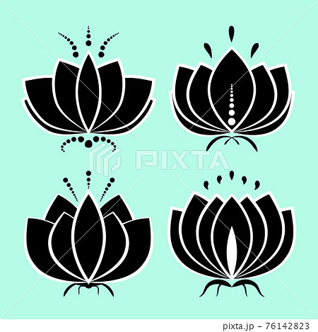 Set of black lotus silhouette with white contour and decors. Water lily icons, isolated flower symbols collection for design. Vector illustration 76142823