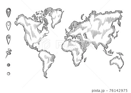 Hand drawn, rough sketch world map with doodle pins 76142975