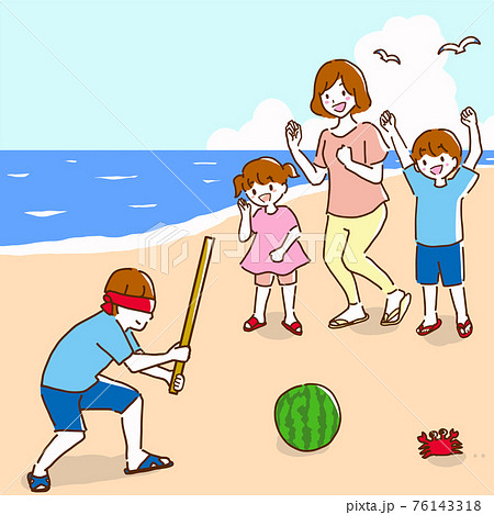海で家族で楽しくスイカ割りをしている若い家族の線画イラストのイラスト素材