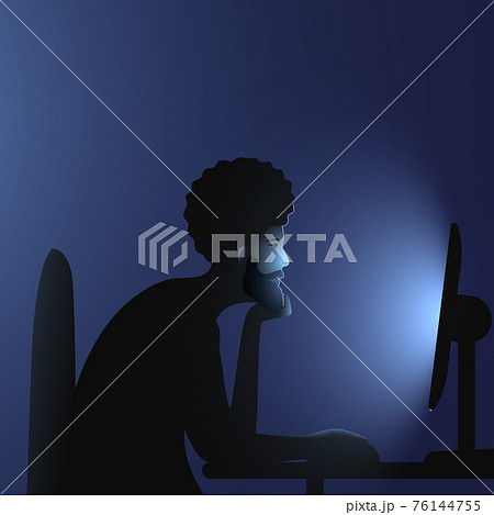 Internet addiction. A black man with an afro hairstyle and beard sits at a computer late at night. Vector illustration of people immersion to networks and spending time on the internet. Internet addiction. A black man with an afro hairstyle and beard sits at a computer late at night. Vector illustration of people immersion to networks and spending time on the internet. 76144755
