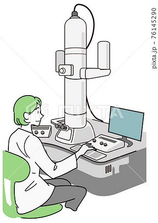 電子顕微鏡でモニター越しに微生物を調べる女性研究員のイラスト素材 電子顕微鏡でモニター越しに微生物を調べる女性研究員のイラスト素材