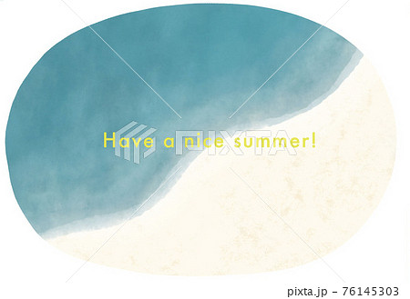 暑中見舞い 波打ち際と白い砂浜のラウンドフレーム 手描き水彩イラスト素材のイラスト素材