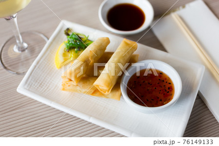 japanise meal harumaki on the plate japanise meal harumaki on the plate 76149133