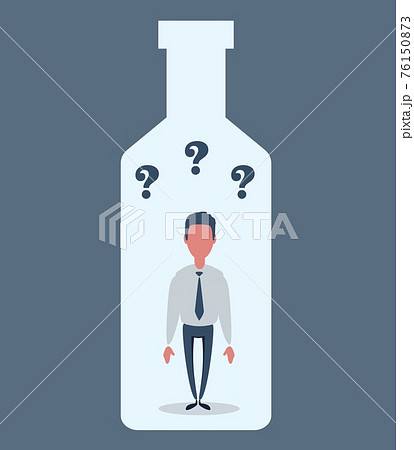 Alcohol and addiction, Young male character trapped inside a bottle, health problems 76150873