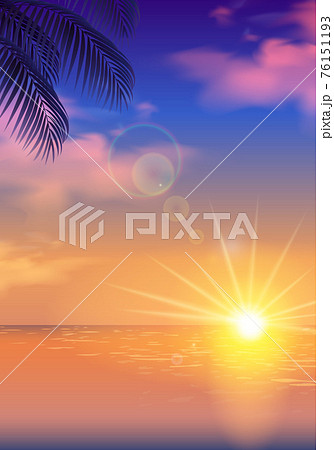 夕方の海と太陽とシルエットの椰子の木のベクターイラスト背景 風景 縦 のイラスト素材