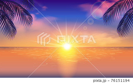 夕方の海と太陽とシルエットの椰子の木のベクターイラスト背景(風景