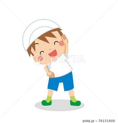 体側伸ばしをしている可愛い小さな男の子のイラスト ストレッチ 準備体操 準備運動 白背景のイラスト素材