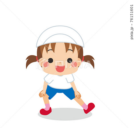 伸脚体操をする可愛い小さな女の子のイラスト ストレッチ 準備体操 準備運動 白背景のイラスト素材