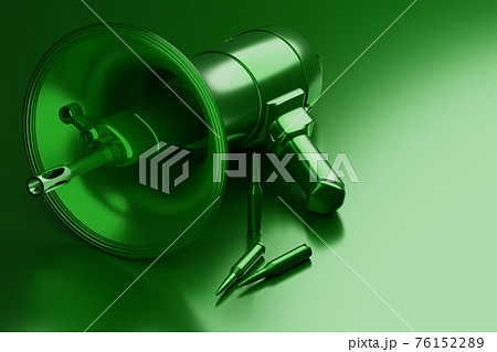 Green Megaphone with military gun and bullet 3D rendering, Protest against dictatorship threaten concept poster and social banner horizontal design background with copy space 76152289