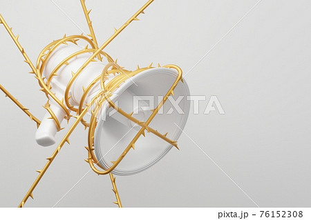 White Megaphone with golden wiggle vine thorn 3D rendering, Protest against Elite dictatorship threaten censored press concept poster and social banner horizontal design background with copy space 76152308