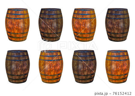 brown weathered brown oak barrel in two parallel rows on a white isolated background brown weathered brown oak barrel in two parallel rows on a white isolated background 76152412