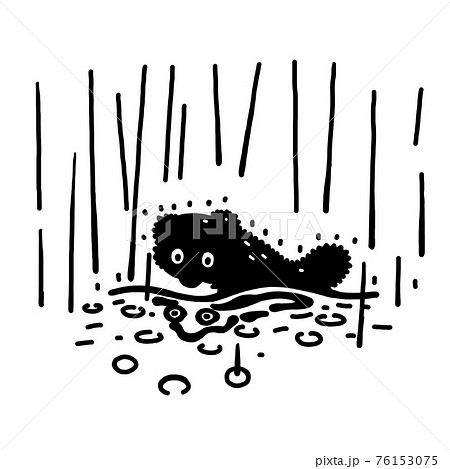 水たまりを見ている雨の日の濡れた動物のイラスト素材