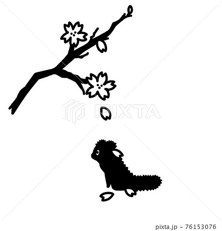 舞い散る桜の花びらで春めく動物 白黒 のイラスト素材