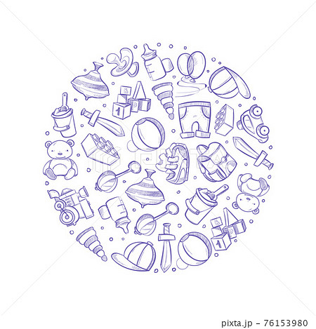 Doodle baby toys icons in circle design 76153980