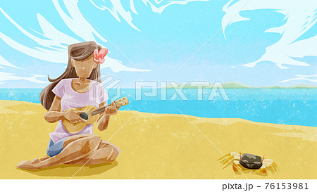 海辺でウクレレを弾く女性とカニのイラスト 76153981