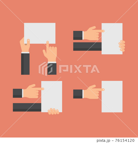 Hand holding blank white banners and hands pointing to empty paper sheet flat set 76154120