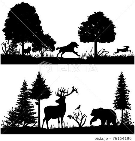 Wild animals silhouettes in green fir forest illustration 76154196