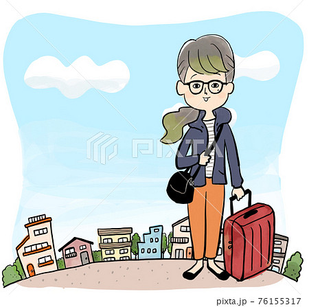 街並みとスーツケースを持つ女性のイラスト素材