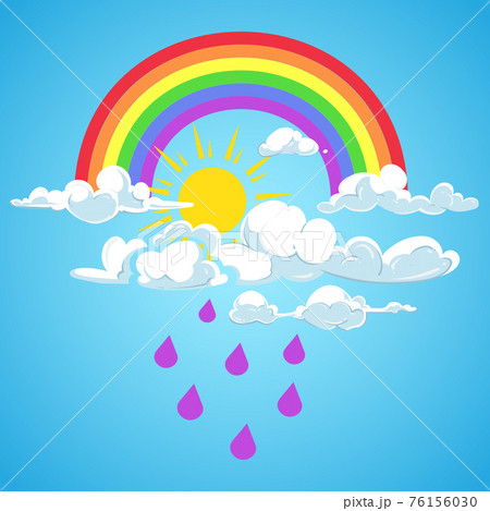 rainbow and clouds with falling rain blue sky 76156030