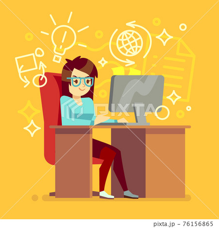 Creative girl work at home office with computer illustration 76156865