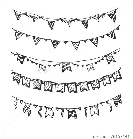 Holiday garlands with light bulbs party lights and flags hand drawn, sketch set 76157141