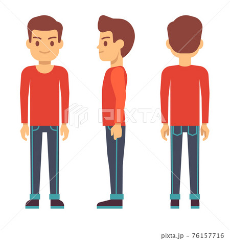 Standing young man, boy character in front, back, side view in casual clothes set 76157716