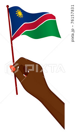 Female hand gently holds small flag of Namibia. Holiday design element. Cartoon vector on white background