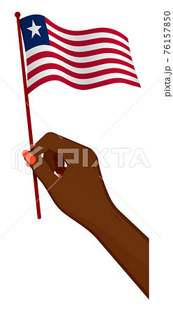 Female hand gently holds small flag of liberia. Holiday design element. Cartoon vector on white background