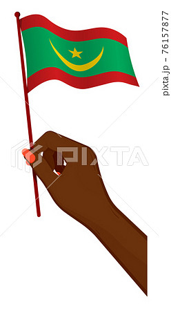 Female hand gently holds small flag of mauritania. Holiday design element. Cartoon vector on white background