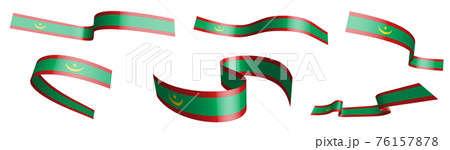 Set of holiday ribbons. Flag of Mauritania waving in wind. Separation into lower and upper layers. Design element. Vector on white background