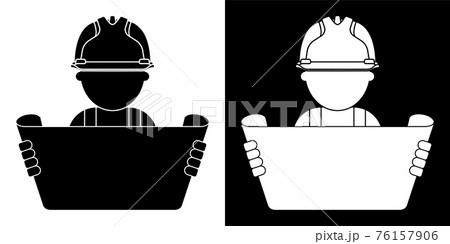 icon, construction worker, architect examines building plan diagram in protective helmet. Labor Day May 1st. Black and white vector 76157906