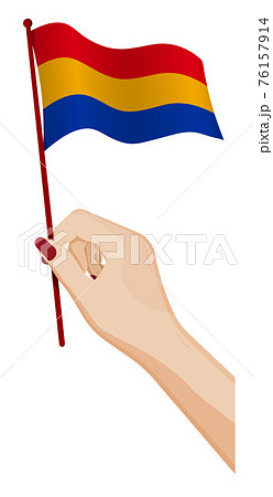 Female hand gently holds small flag of Armenia. Holiday design element. Cartoon vector on white background