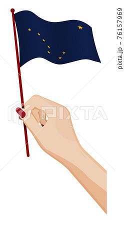 Female hand gently holds small flag of american state of Alaska. Holiday design element. Cartoon vector on white background Female hand gently holds small flag of american state of Alaska. Holiday design element. Cartoon vector on white background 76157969