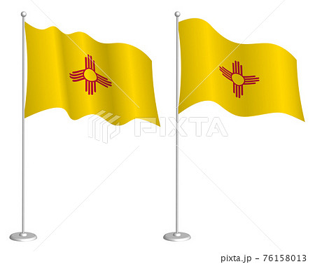 flag of american state of New Mexico on flagpole waving in wind. Holiday design element. Checkpoint for map symbols. Isolated vector on white background 76158013