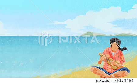 海辺でウクレレを弾く男性のイラストのイラスト素材