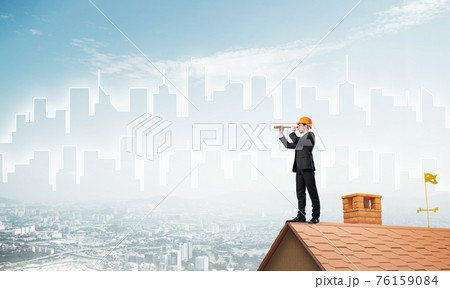 Engineer man standing on roof and looking in spyglass. Mixed media 76159084
