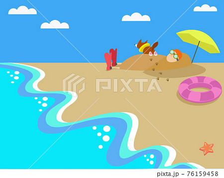 夏のビーチで過ごす人と犬 76159458