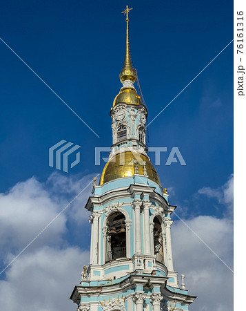Close up view of St. Nicholas Naval Cathedral belltower in a clear sunny day of spring Close up view of St. Nicholas Naval Cathedral belltower in a clear sunny day of spring 76161316