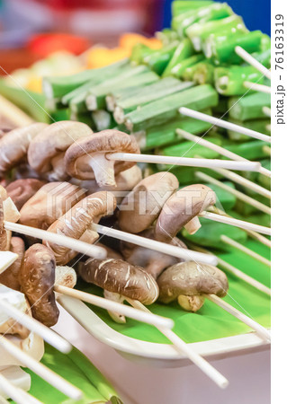 mushroom and vegetable kebabs asia market vertical set selective focus 76163319
