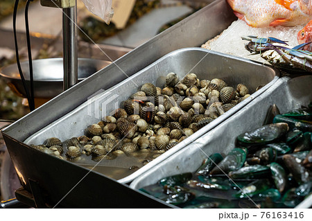 asia seafood market tray Blood cockle and green mussels, selective focus asia seafood market tray Blood cockle and green mussels, selective focus 76163416
