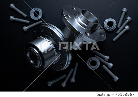automotive parts. Set of new metal car part. Auto motor mechanic spare or automotive piece isolated on black background. Technology of mechanical gear with space for text. automotive parts. Set of new metal car part. Auto motor mechanic spare or automotive piece isolated on black background. Technology of mechanical gear with space for text. 76163967