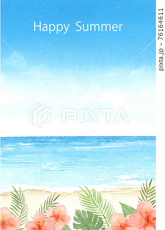 暑中はがきテンプレート 夏の海とハイビスカス 水彩イラストのイラスト素材 [76164611] - PIXTA