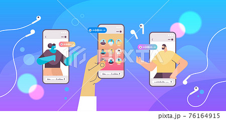 people communicating by voice messages in mobile app audio chat application social media communication 76164915