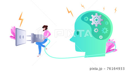 woman putting power plug into socket human head with gear wheels productivity effectiveness source of brain energy 76164933