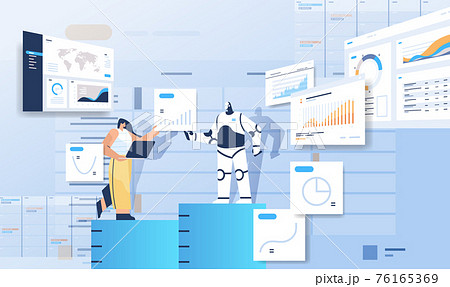 robot with businesswoman analyzing statistics graphs financial data analyzing artificial intelligence technology robot with businesswoman analyzing statistics graphs financial data analyzing artificial intelligence technology 76165369