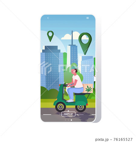 courier man riding scooter medical marijuana cannabis delivery service drug consumption concept cityscape background smartphone screen mobile app full length 76165527