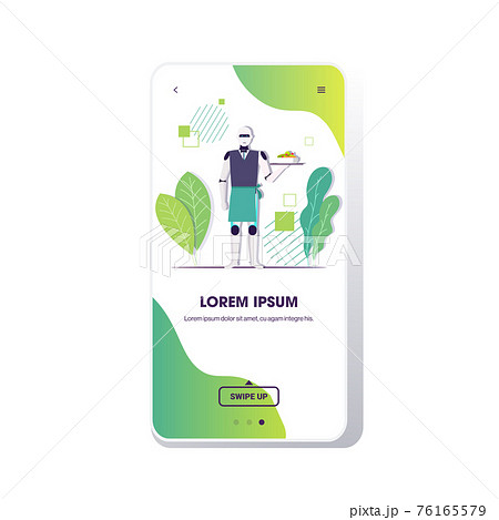modern robot waiter serving salad at restaurant artificial intelligence technology concept smartphone screen mobile app full length copy space 76165579