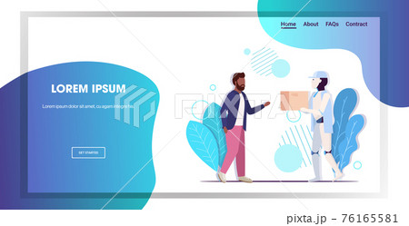 modern robot delivering cardboard parcel box to man recipient artificial intelligence technology delivery service concept horizontal full length copy space 76165581