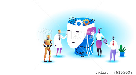 robots team holding gears near human head with brain cogwheels brainstorming process artificial intelligence technology concept horizontal full length 76165605